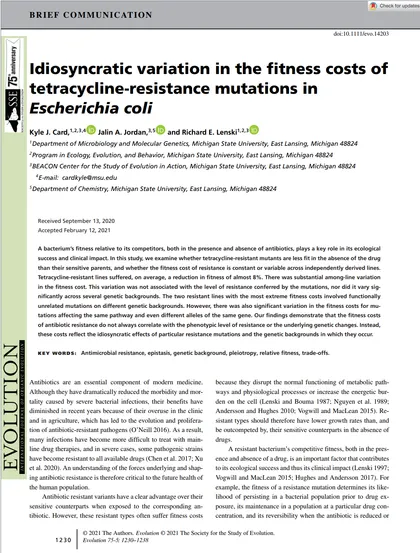 First page of "Idiosyncratic variation in the fitness costs of tetracycline-resistance mutations in Escherichia coli.", Evolution (2021)