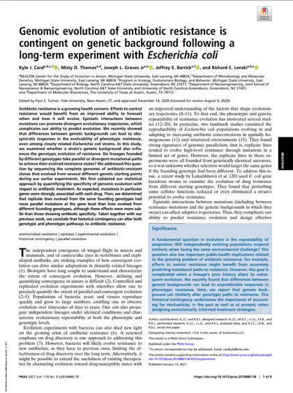 First page of "Genomic evolution of antibiotic resistance is contingent on genetic background following a long-term experiment with Escherichia coli.", Proceedings of the National Academy of Sciences (2021)