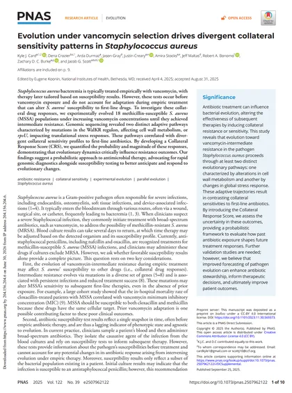 First page of "Evolution under vancomycin selection drives divergent collateral sensitivity patterns in Staphylococcus aureus.", Proceedings of the National Academy of Sciences (2025)