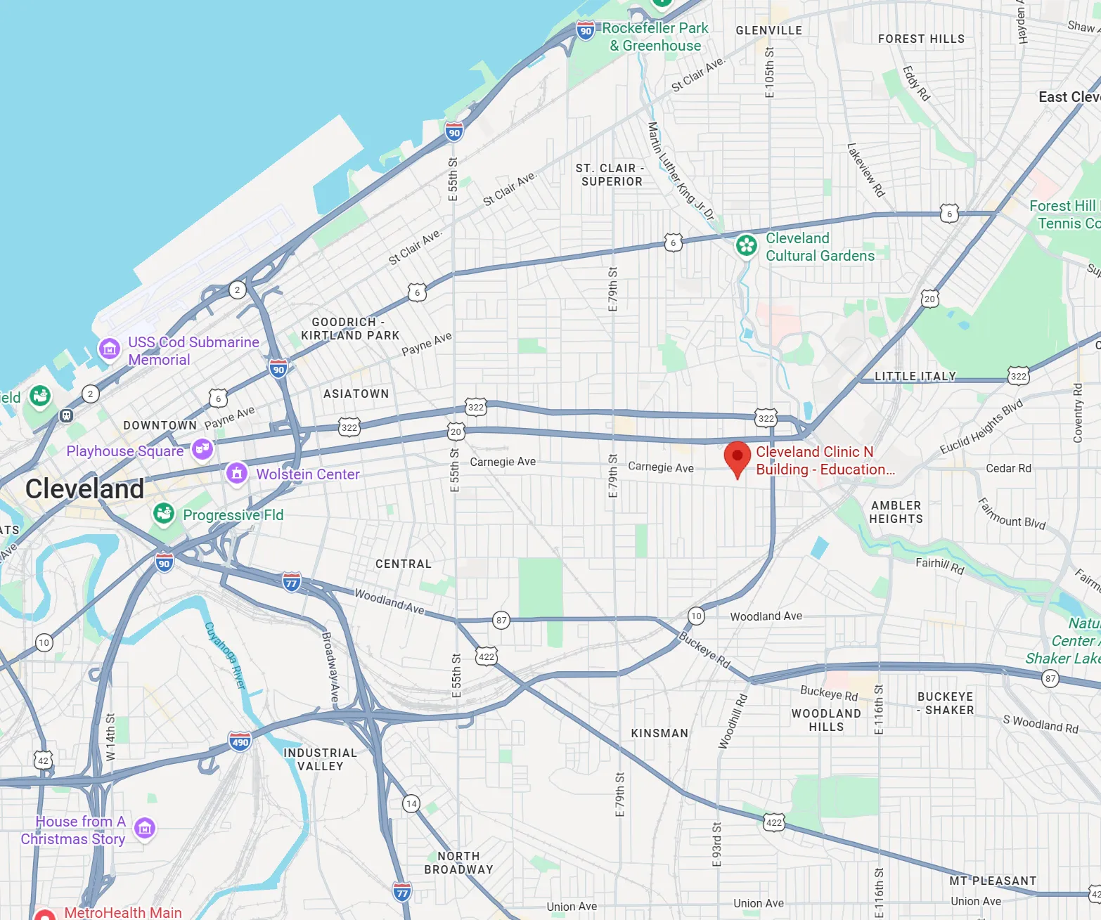 Map of Cleveland with the Cleveland Clinic pinned on Euclid Avenue.