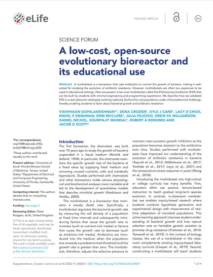 First page of "Science Forum: A low-cost, open-source evolutionary bioreactor and its educational use.", eLife (2022)